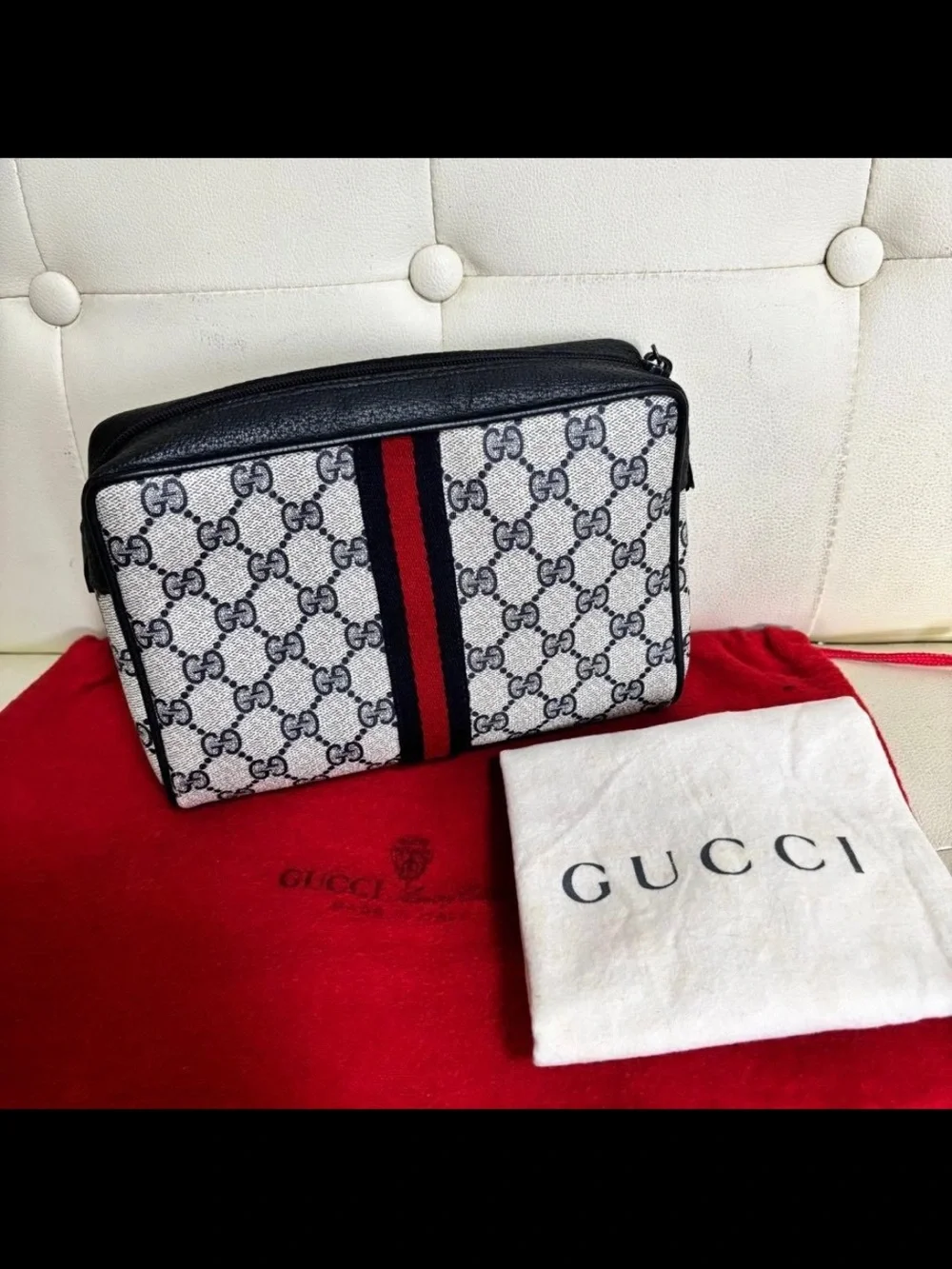 Gucci Beige/Black Toiletry Pouch with Red Center Stripe